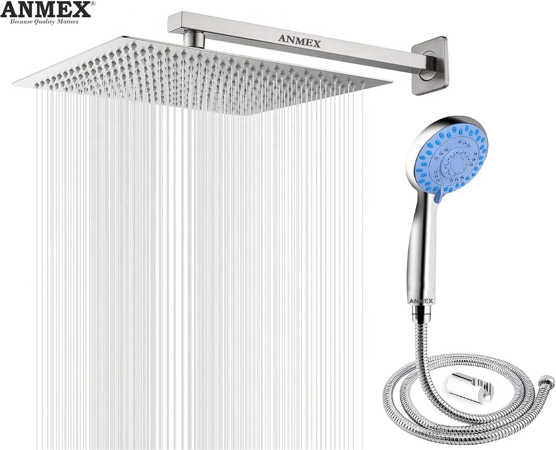 ANMEX COMBO of SS304 UltraSlim High Pressure Rainfall Shower Head With Shower Fit Arm HandShower (ABS),SS304 1.5mtr Tube And Hook 8X8+24Inch Arm+HandShower Set)-picture-20
