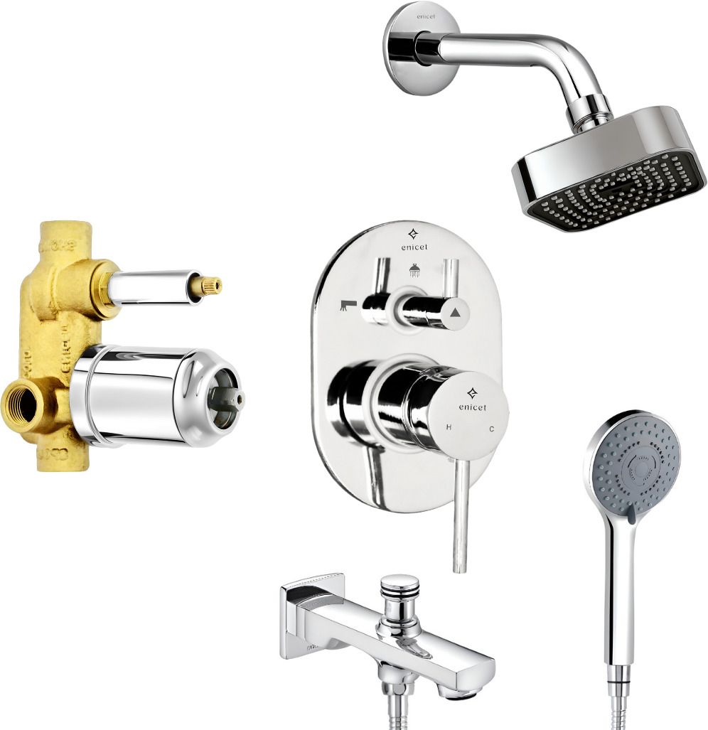 ENICET Brass High Flow Diverter Set With Spout and Shower, Chrome Finish, Single Lever Diverter Set For Bathroom, Bathroom Shower Set, Shower System, Mixer Tap Set, rain flow-picture-44