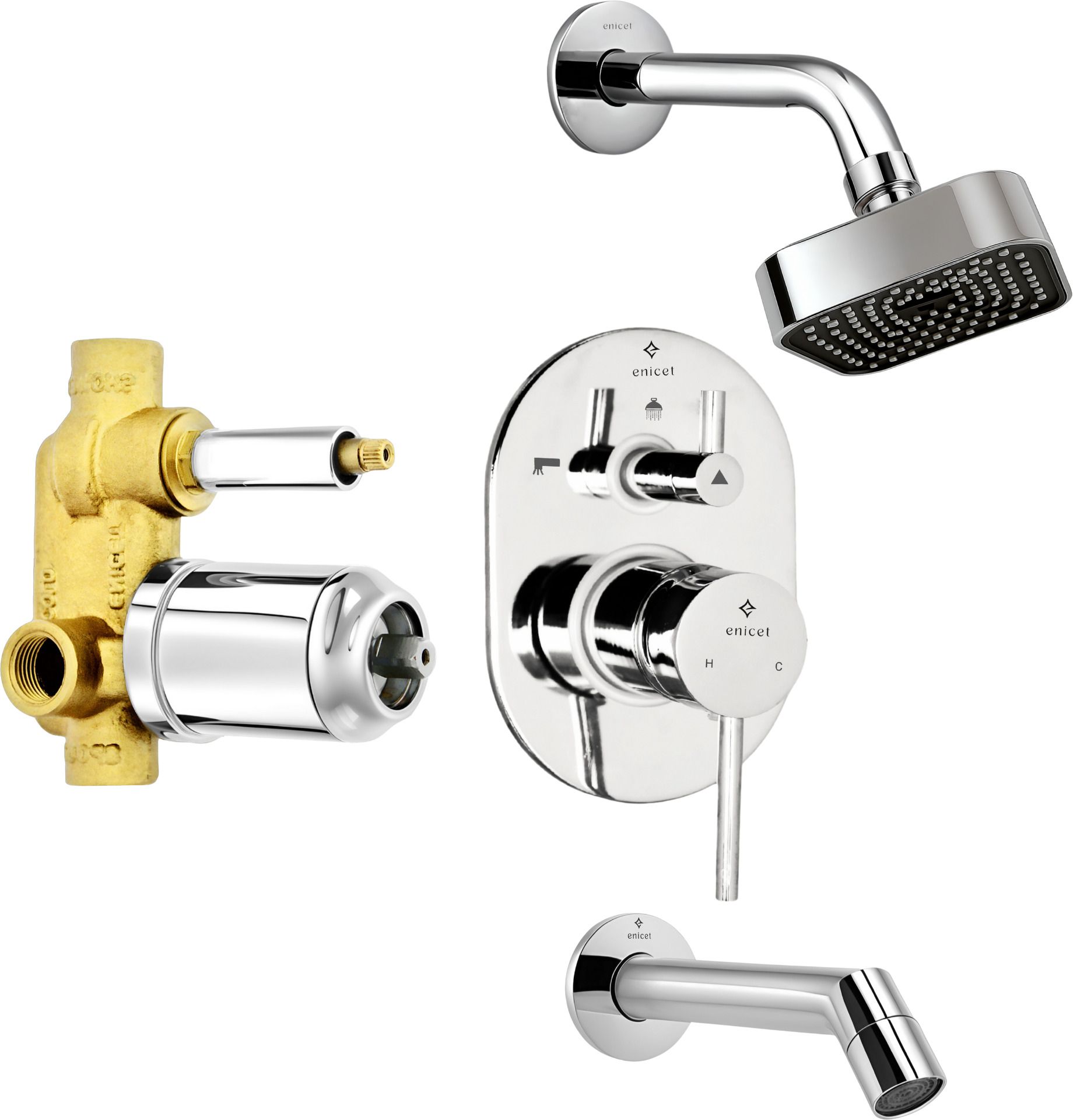 ENICET Brass High Flow Diverter Set With Spout and Shower, Chrome Finish, Single Lever Diverter Set For Bathroom, Bathroom Shower Set, Shower System, Mixer Tap Set, rain flow-picture-45