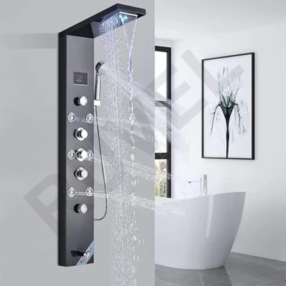 RUVEL AERIO 6 in 1 Tower Thermostatic System with Hydropowered LED Light + Digital Display & 6 Water Functions With Top Rainfall Water Outlet, Waterfall Outlet-image-40