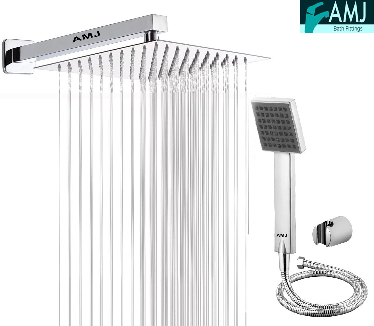 AMJ COMBO of SS304 UltraSlim High Pressure Rainfall Shower Head With Shower Fit Arm HandShower (ABS),SS304 1.5mtr Tube And Hook 6X6+15Inch Arm+HandShower Set)-image-45