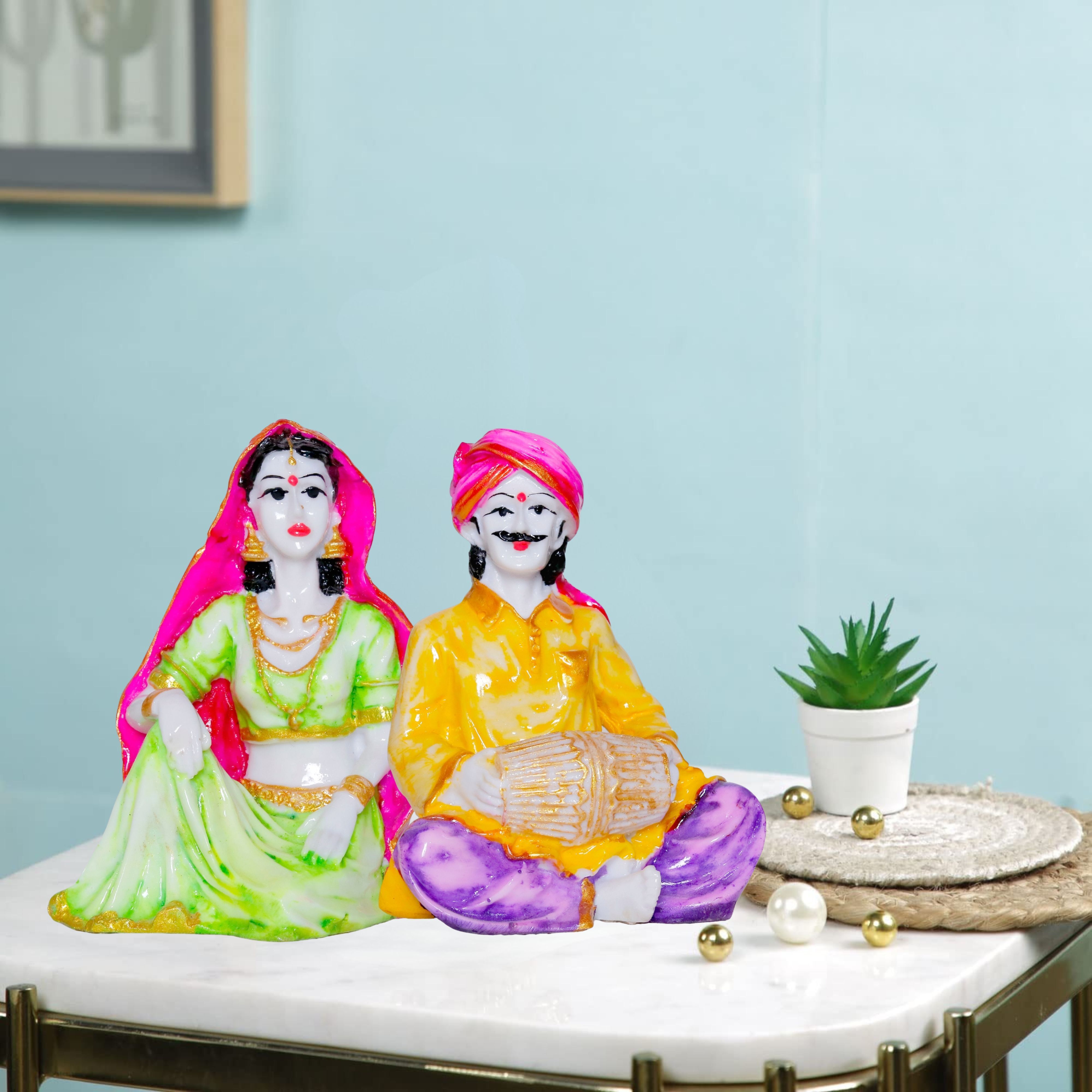 Rajasthani Musicians Statue Polyresin Multicolour Marble Finish ( Set of 2 ) Decorative Showpiece-13 cm-image-44