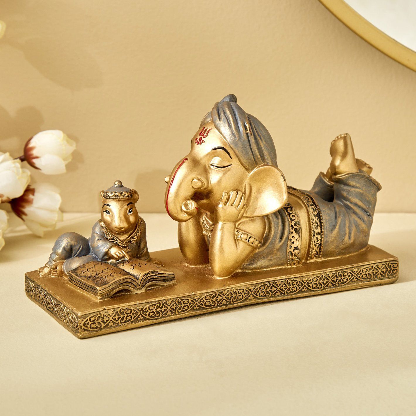 Polyresin Alpana Ganesha with Mouse Figurine Decorative Showpiece - 11 cm-image-43