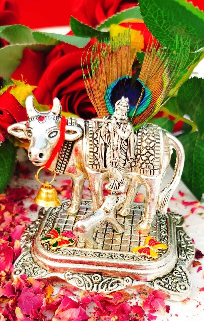 ASTRO-D Antique German silver BIG SIZE COW CALF with Murali Manohar Decorative Showpiece - 11 cm-picture-18