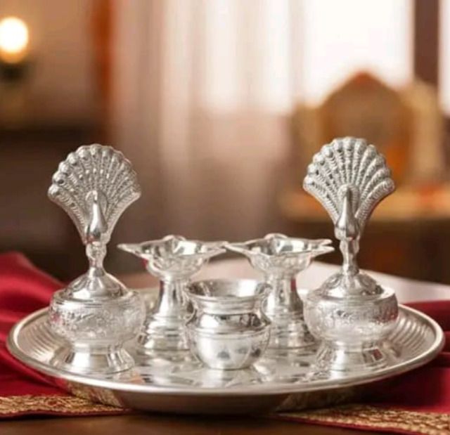 German Silver Oil Lamp Samai Style Deepam for Pooja Room, Home Temple Decorative Showpiece - 4 cm-image-43