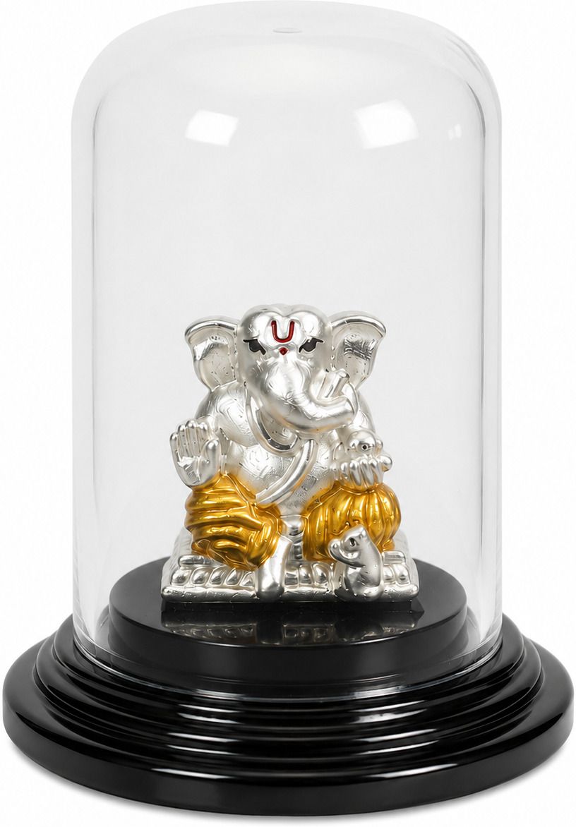 4.47 Gram 999 Pure Silver Lord Ganesha Idol with Mouse & Glass Dome Decorative Showpiece - 8 cm-image-28