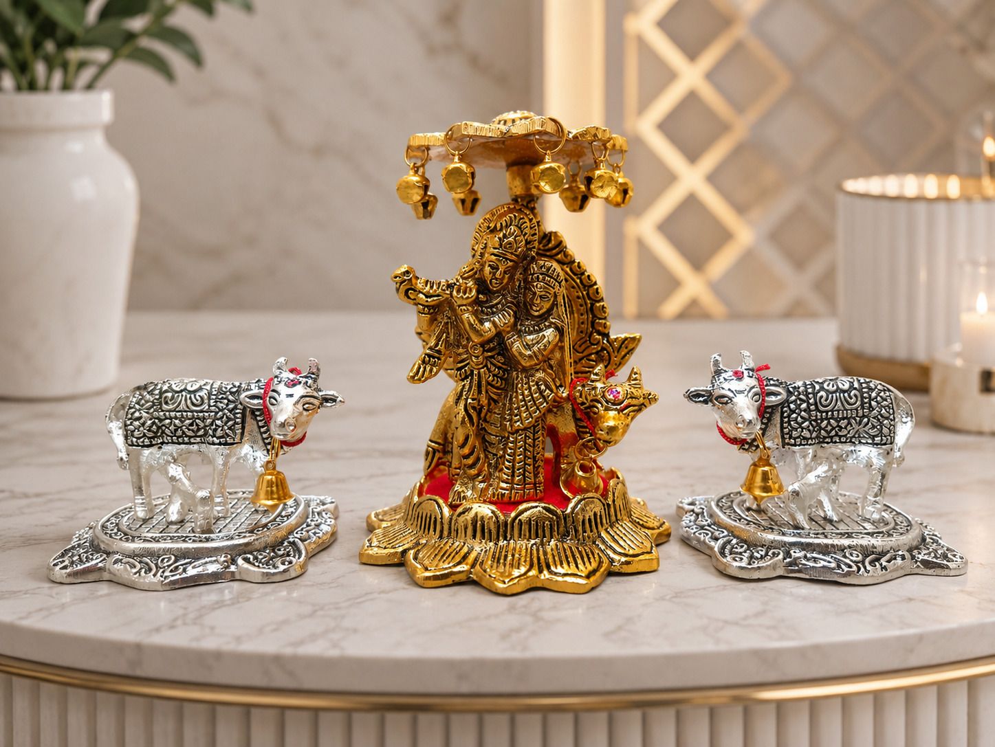 mahadev handi craft Radha Krishna with Kamdhenu Cow Idol Combo Set for Home Temple Decorative Showpiece - 12 cm-picture-41