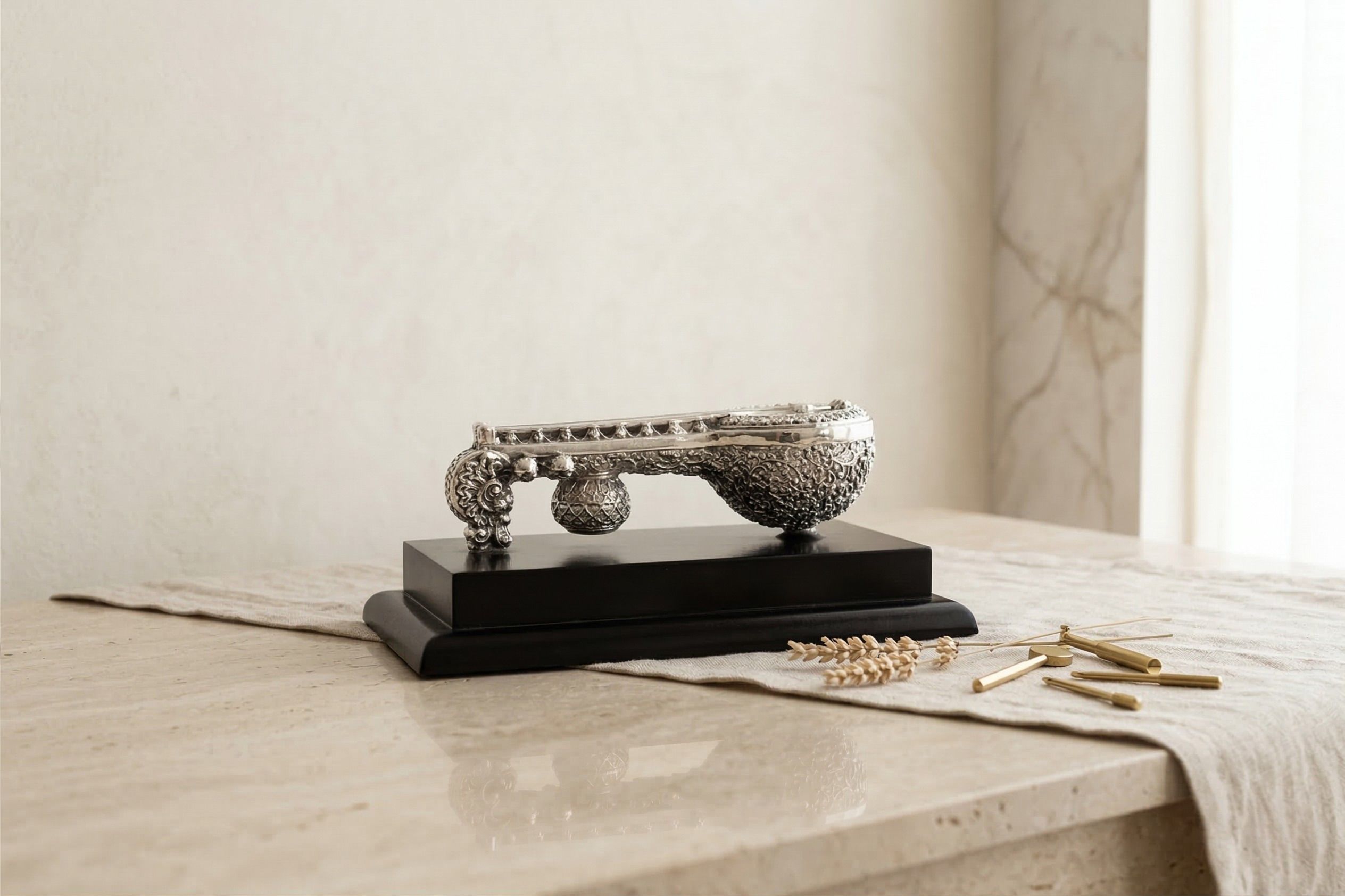 silfig 999 Silver Coated Veena Showpiece on Elegant Base | Handcrafted | Decorative Showpiece - 3 cm-picture-45