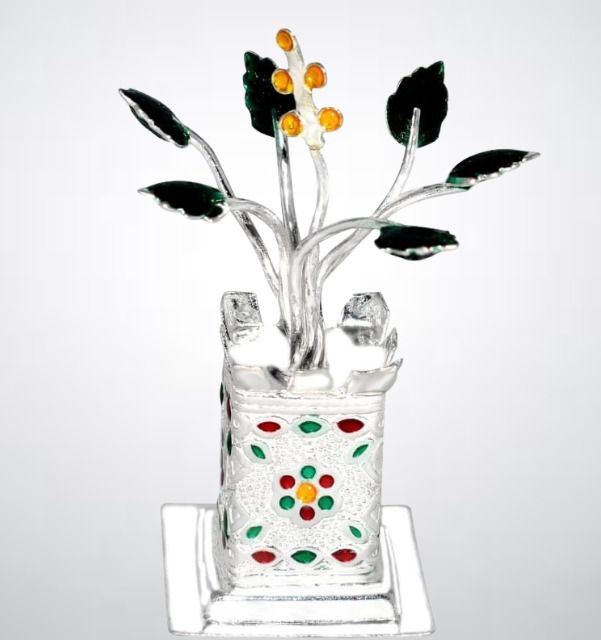 Solid Chandi / Silver Tulsi Small Plant for Home/Office for Pooja_I33 Decorative Showpiece - 7 cm-image-6
