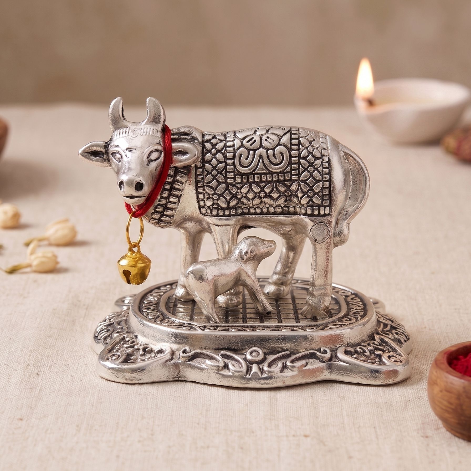 elegant lifestyle Kamdhenu Cow & Calf Statue Religious Vastu Gau Mata Idol Car Office Mandir Home Decorative Showpiece - 6 cm-picture-44