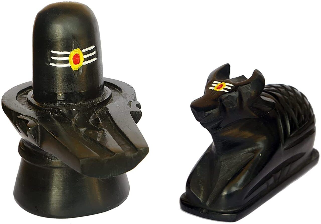 Black Tilak Shivling with Nandi Maharaj Bull for Home Puja, Temple Decorative Showpiece - 7 cm