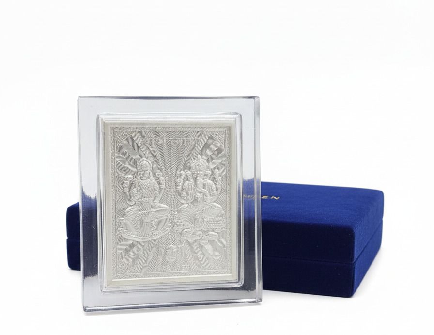 Pure Silver Shubh Labh Idol in Acrylic Case Home Temple & Office Desk Decor Decorative Showpiece - 7 cm