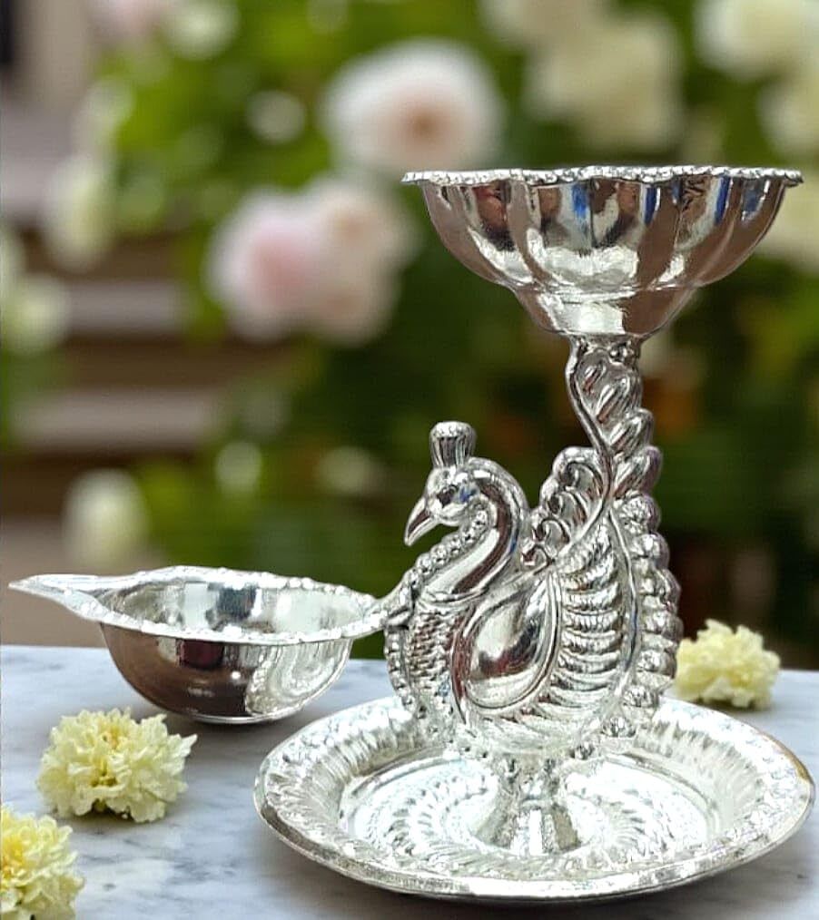 Silver Oil Lamp Samai Style Deepam for Pooja Room, Home Temple Decorative Showpiece - 2 cm-image-1