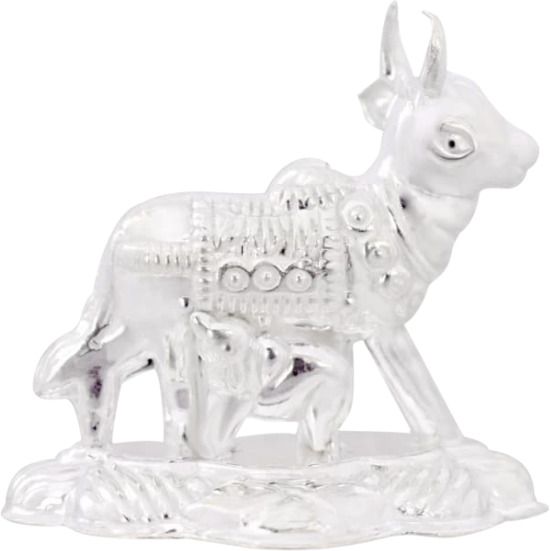silver cow and calf idol for puja, kamdhenu cow for home and gifting purpose_I10 Decorative Showpiece - 4 cm-image-22