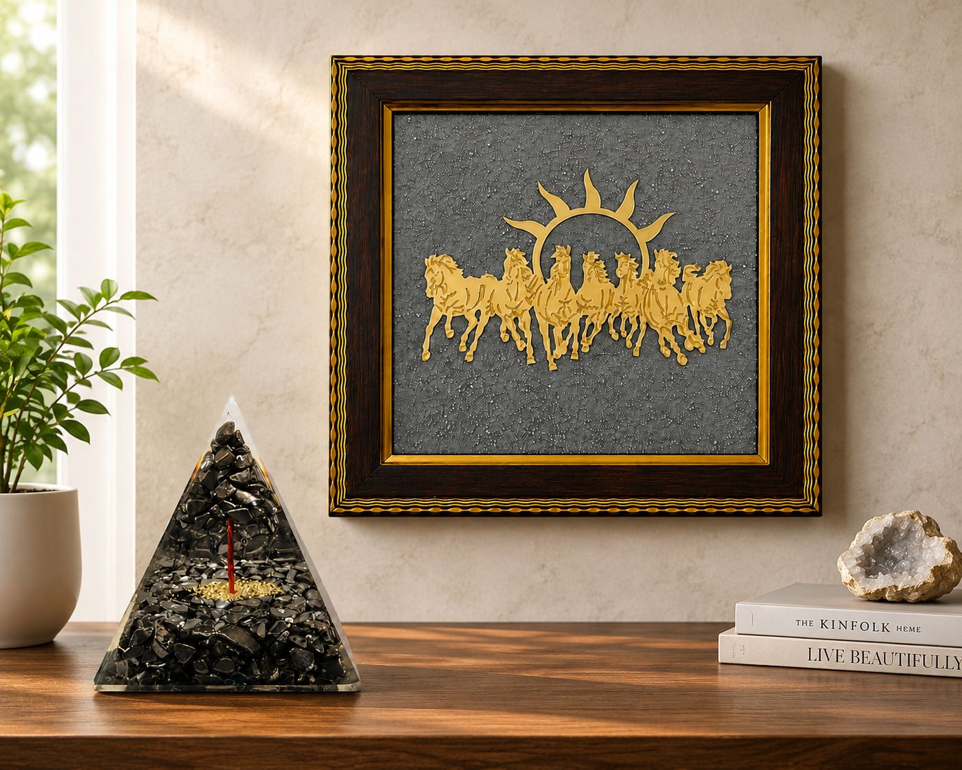 Shungite Tree Pyramid and 7 Horse Pyrite Frame-02 Decorative Showpiece - 19 cm-image-18