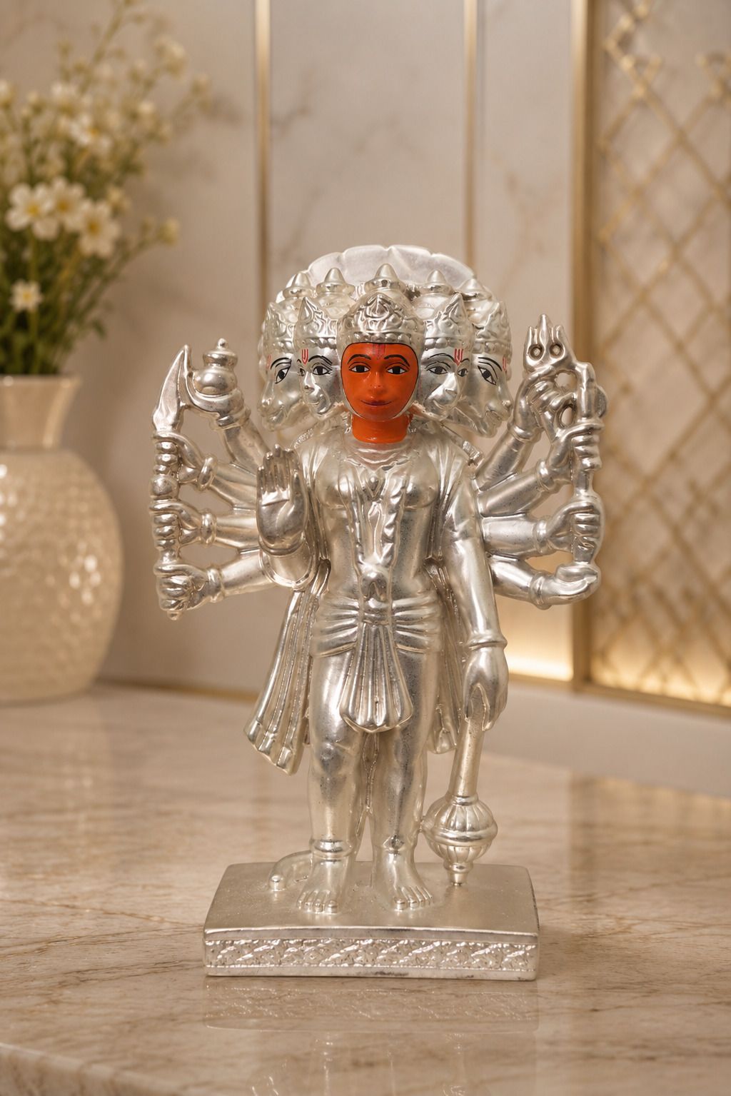 Pure Silver Coated Panchmukhi Hanuman Statue | 5 Face Hanuman Idol Decorative Showpiece - 22 cm-image-22