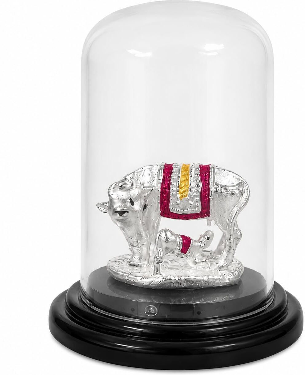 4.65 Gram 999 Pure Silver Kamadhenu Cow & Calf Idol with Glass Dome Decorative Showpiece - 8 cm-image-26