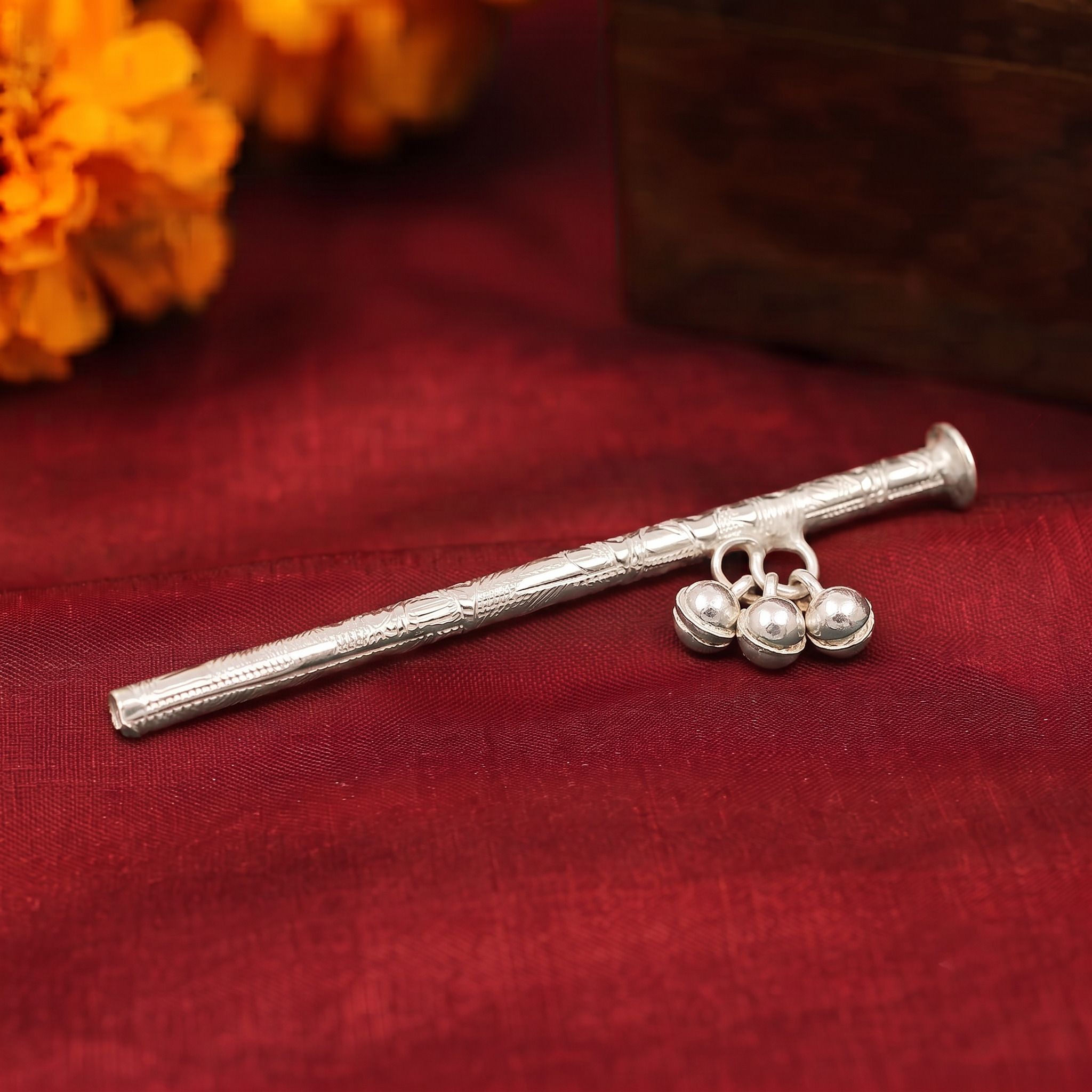 astro-d Modern Silver Handmade Krishna Flute,with Bells Bansuri Laddu Gopala 10 GRAM Decorative Showpiece - 1 cm-picture-20