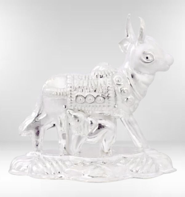 silver cow and calf idol for puja, kamdhenu cow for home and gifting purpose_I50 Decorative Showpiece - 4 cm-image-21