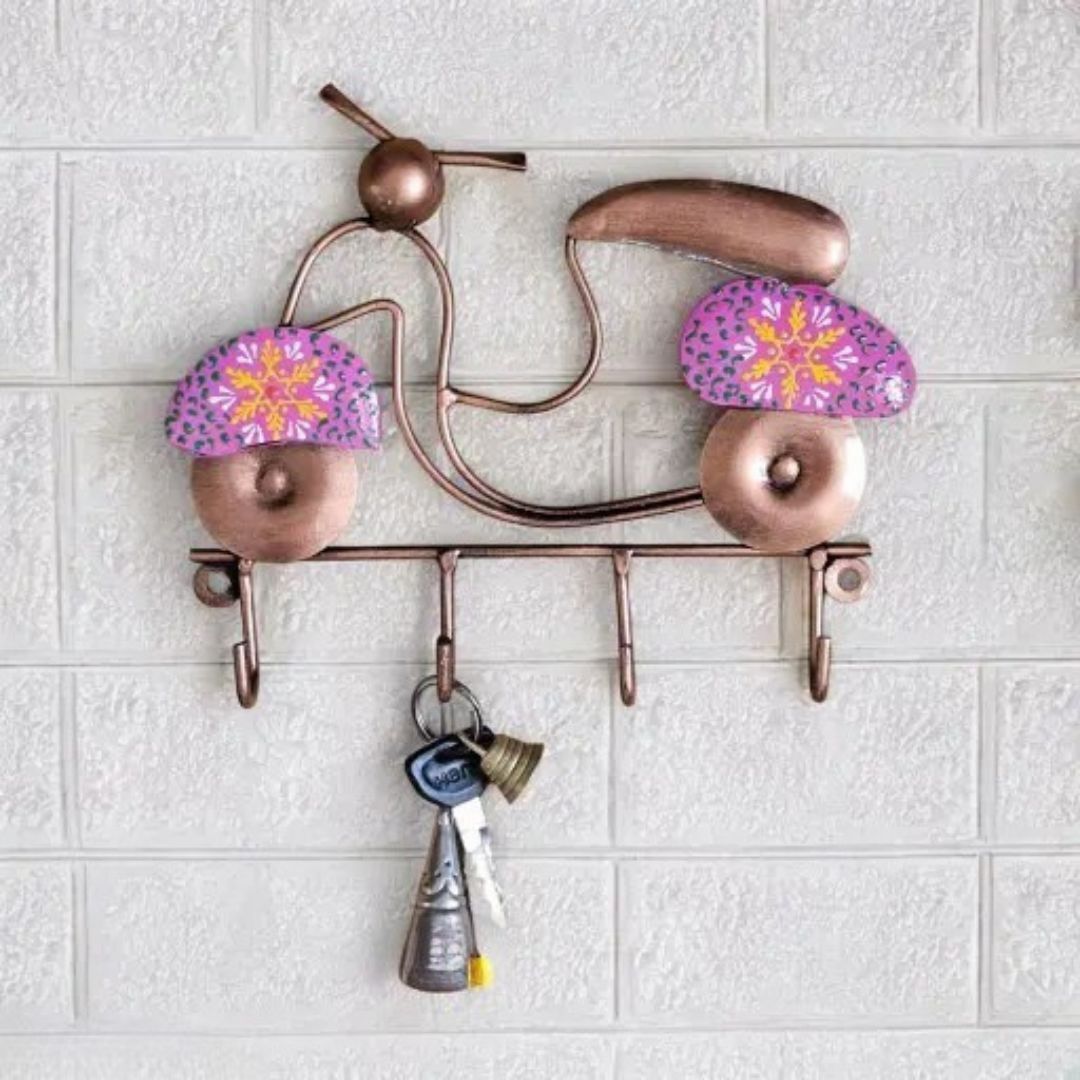 Handmade Metal Scooter Key Holder | Pink & Copper Finish Wall Key Hanger Iron Key Holder-image-41