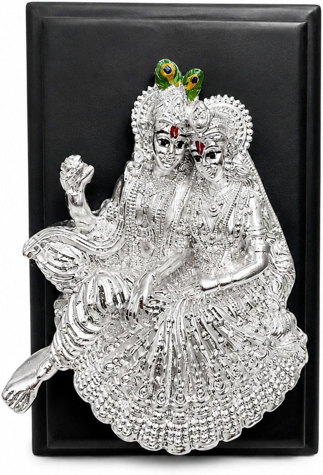 3D Shree Radha Krishna Silver Finish TABLE STAND Frame Decorative Showpiece - 25 cm-image-0