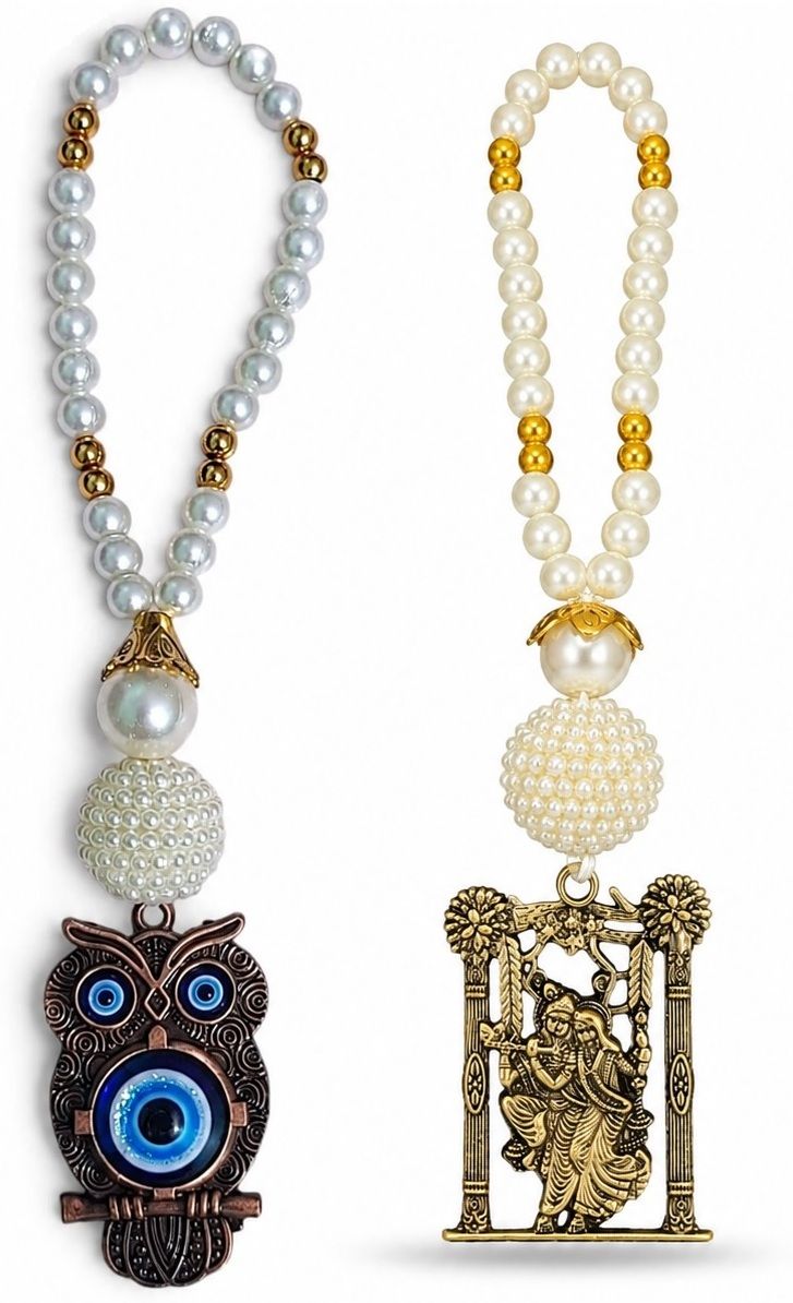 adhvik Combo of Metalic Owl Evil Eye with Radha Krishna Protection Charm Beaded Hanging Decorative Showpiece - 20 cm-picture-46