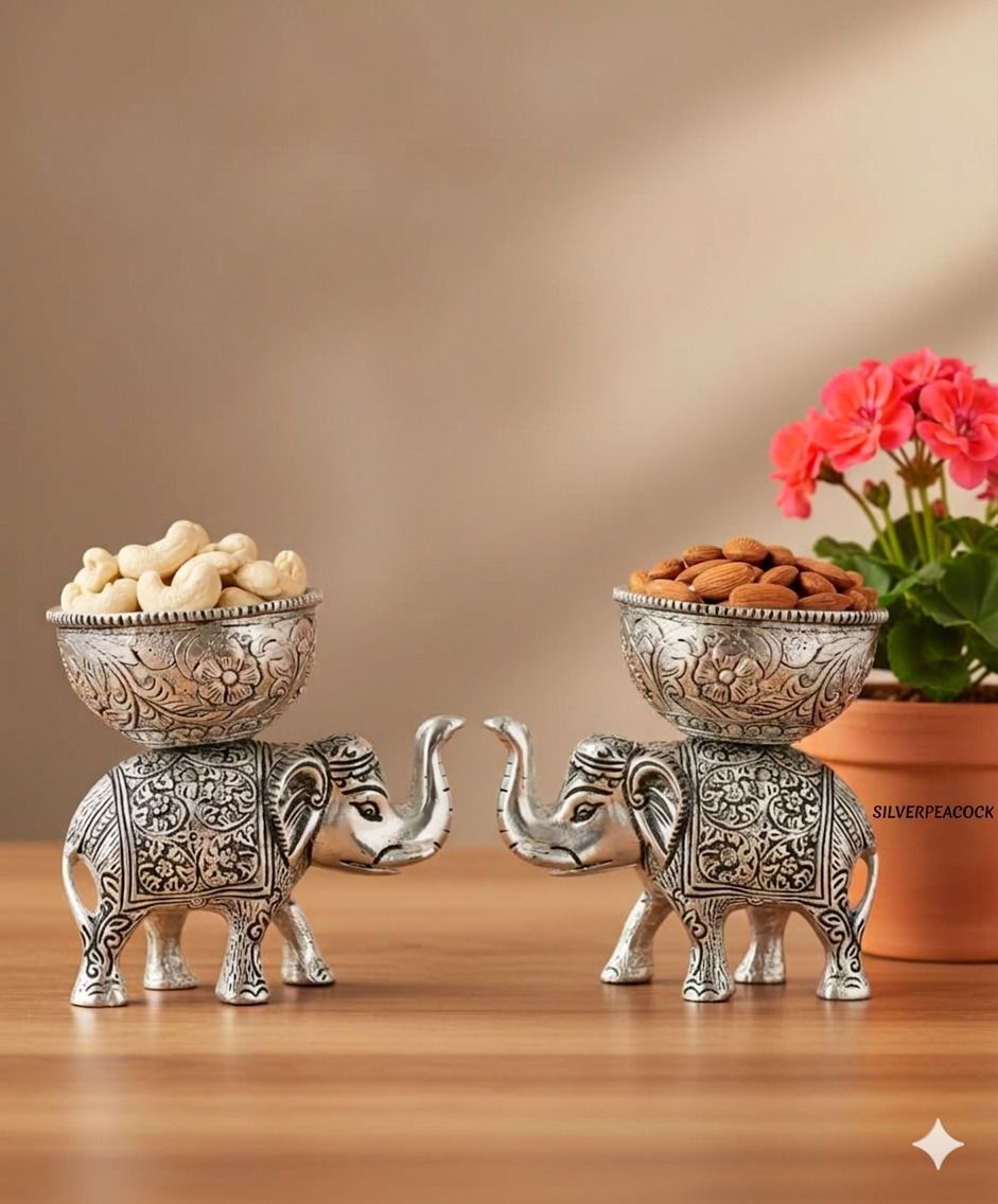 silverpeacock Elephant Bowl Set, Silver Plated Finish, Traditional Indian Ethnic Style Decorative Showpiece - 12 cm-picture-38