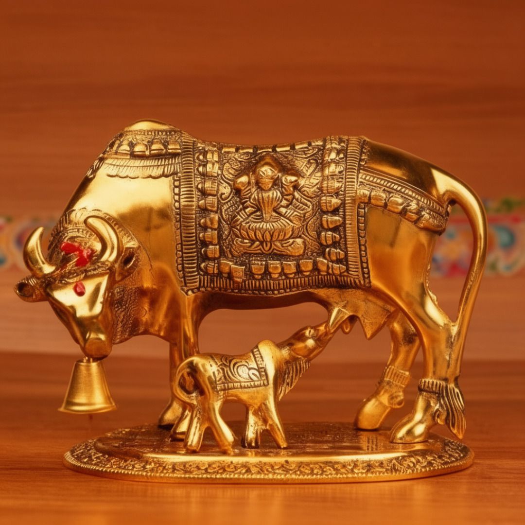 Kamadhenu Idol Cow And Calf Idol Marble Finish Decorative Showpiece - 5 cm-image-0