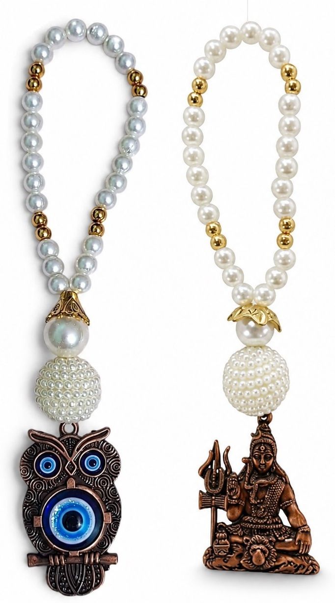adhvik Combo of Metalic Owl Evil Eye with Shiv ji Protection Charm with Beaded Hanging Decorative Showpiece - 20 cm-picture-38