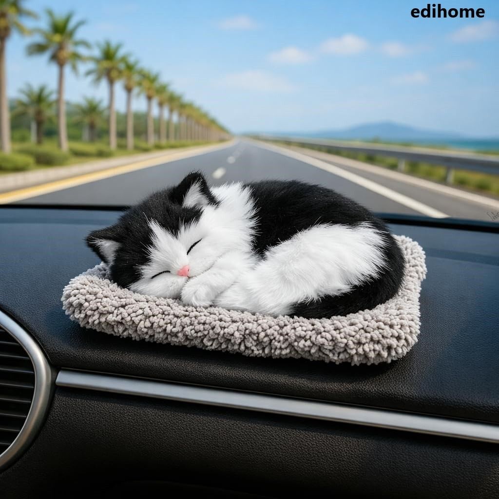 Sleeping Cat Plush Toy with Press Sound Decorative Showpiece - 9 cm-image-1