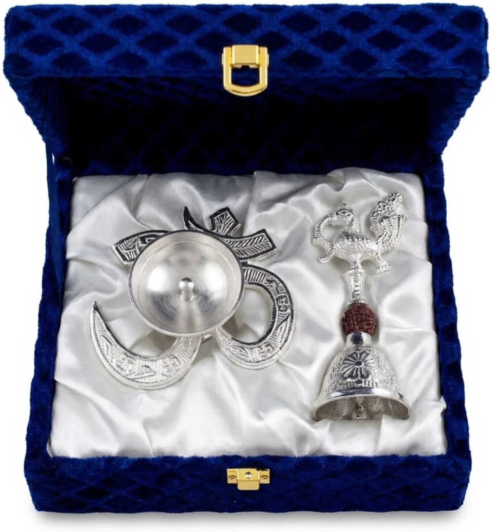 ayera design German Silver Om Diya with Peacock Rudraksha Ghanti Gift Set Decorative Showpiece - 5 cm-picture-37