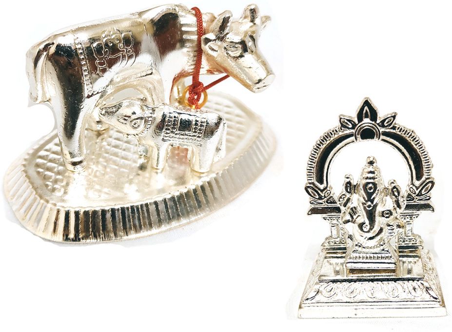 German Silver Ganesha and Gomatha Statue for Car Dashboard and Pooja Room Decorative Showpiece-10 cm