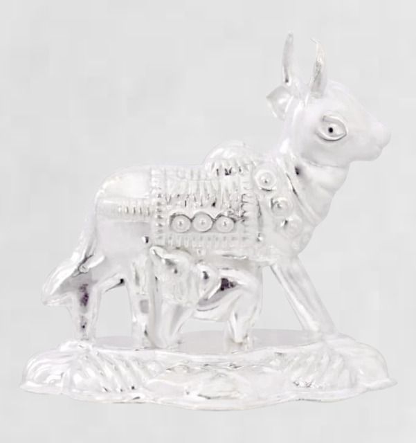 silver cow and calf idol for puja, kamdhenu cow for home and gifting purpose_I20 Decorative Showpiece - 4 cm-image-49