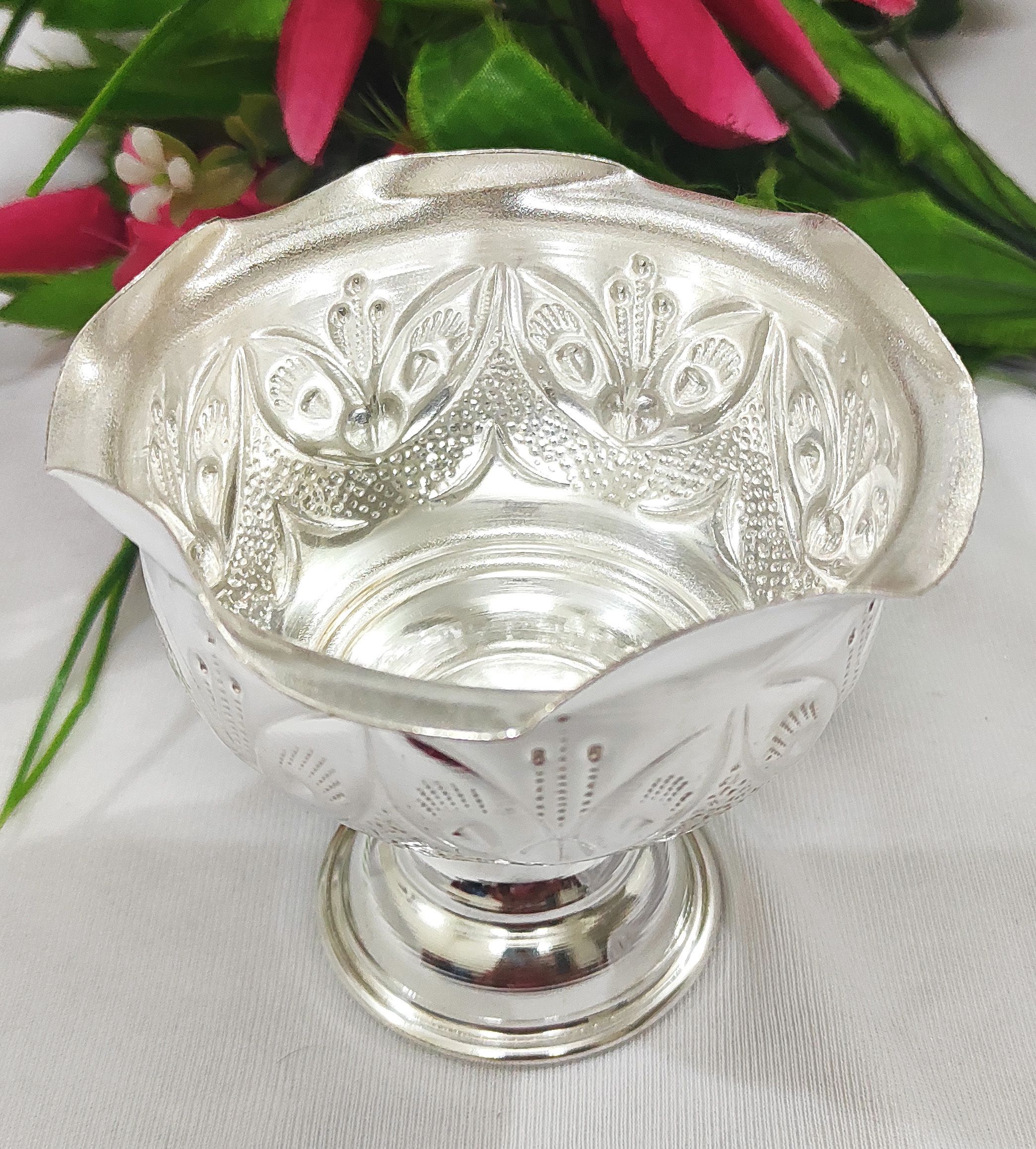 Samukkaras German Silver Big Size Chandan Bowl for pooja/Haldi and Kumkum Bowl Decorative Showpiece - 12 cm-image-1