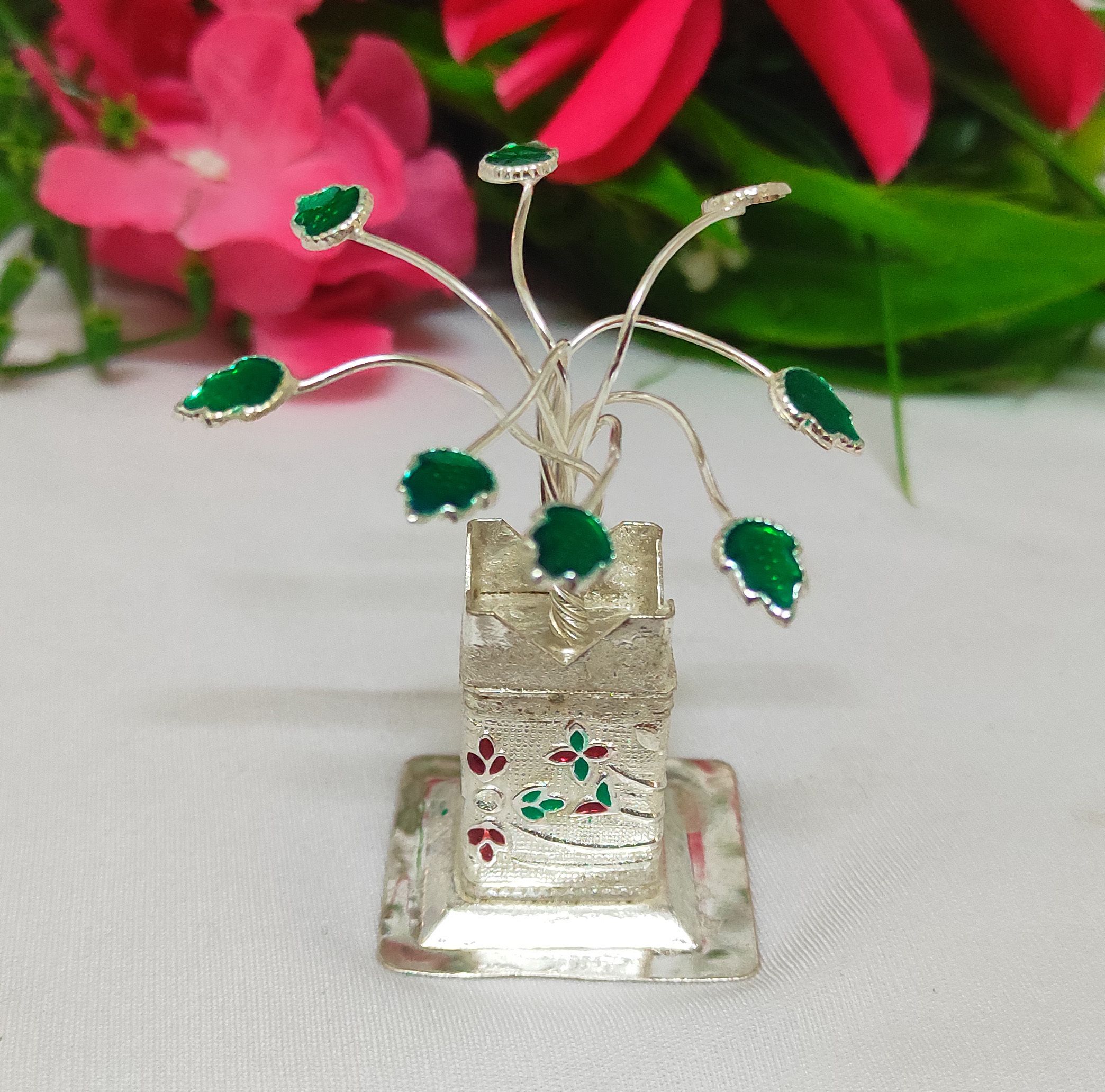 Samukkaras Pure German Silver Handcraft Tulsi Plant / Tulasi Madam for Pooja Decorative Showpiece-9 cm