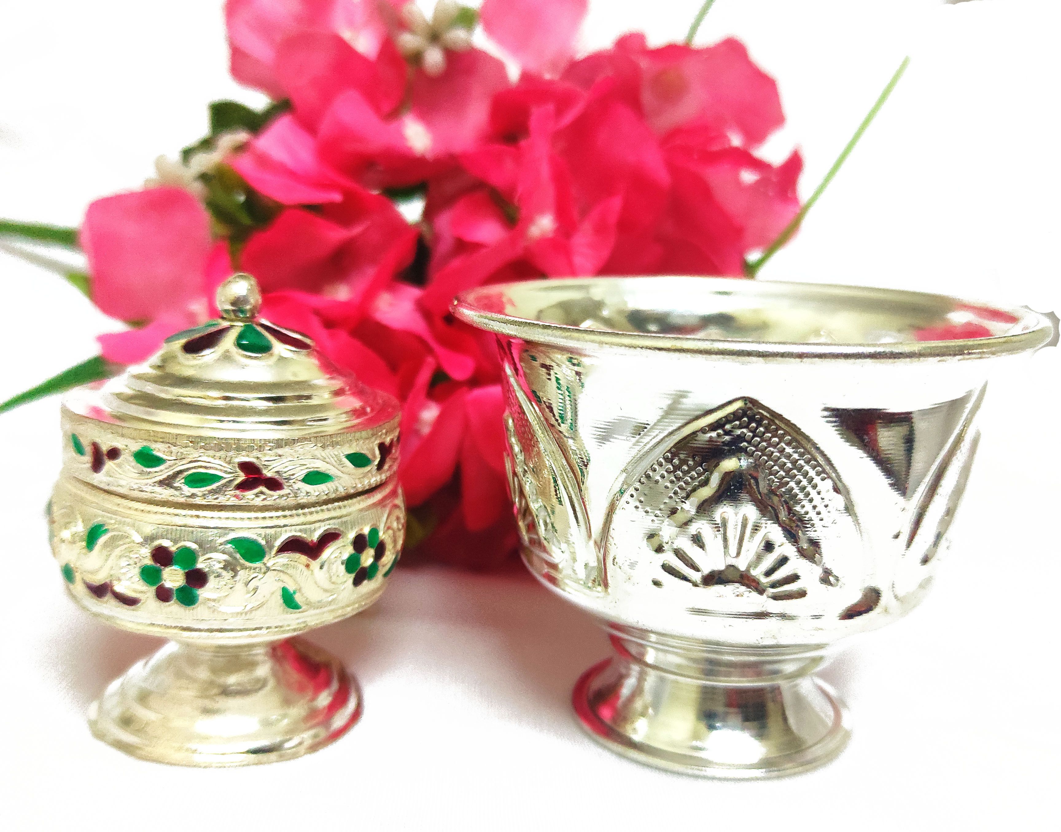 German Silver Handmade Haldi and kumkum / Chandan and Sindhoor Box (Large) Decorative Showpiece - 9 cm-image-42