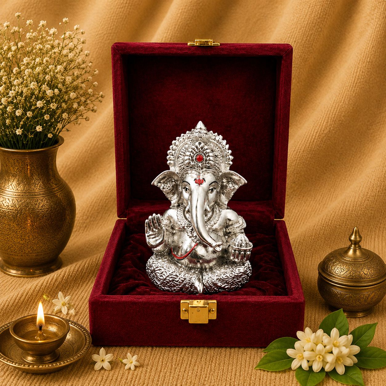 999 Pure Silver Plated Lord Ganesha Idol with Velvet Gift Box Decorative Showpiece - 9.5 cm-image-39