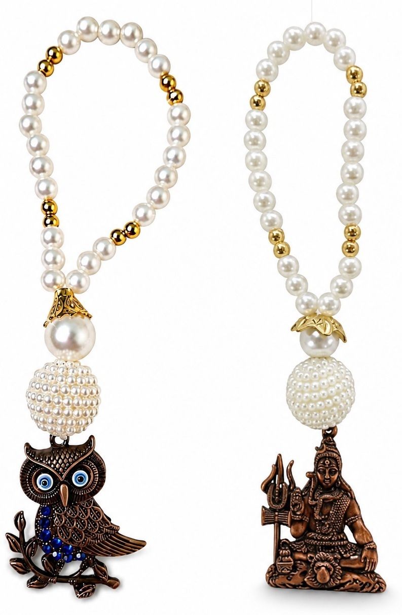 adhvik Combo of Metalic Owl Evil Eye With Shiv ji Decorative Pearl Hanging Accessories Decorative Showpiece - 20 cm-picture-49