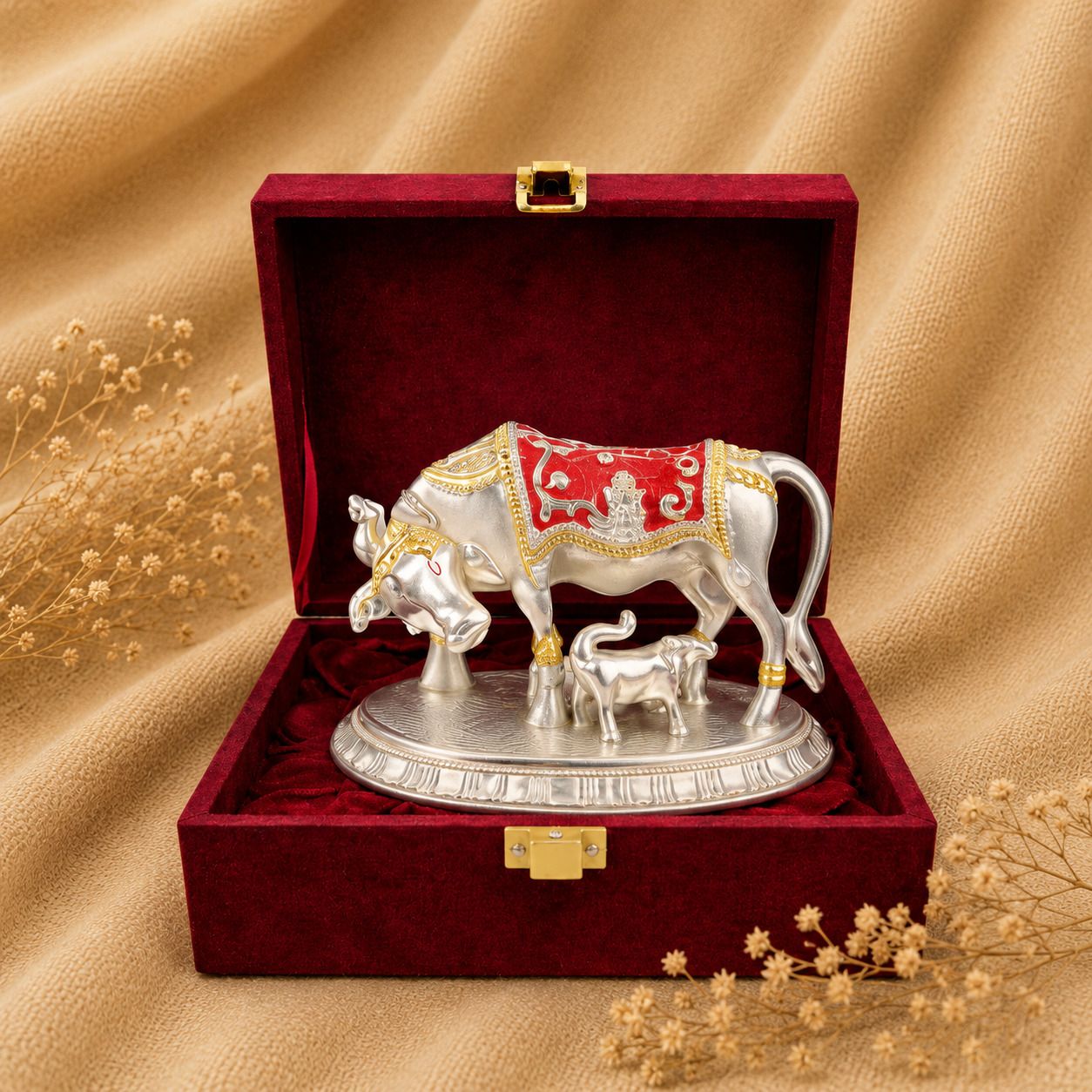vinayaka fab Premium Silver Plated Kamdhenu Cow and Calf Idol with Velvet Gift Box Decorative Showpiece - 9 cm-picture-39