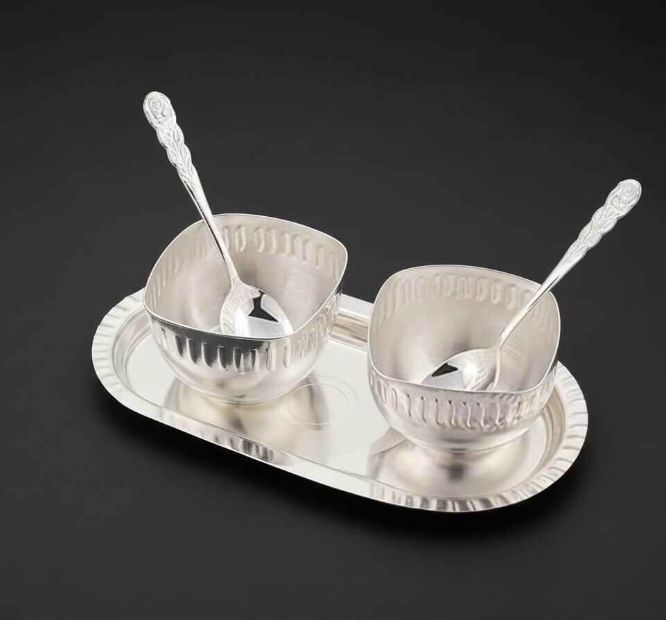 Silver Finish Serving Bowl Set with Tray, 2 Piece Snack Bowls with Spoons Decorative Showpiece - 5 cm-image-1