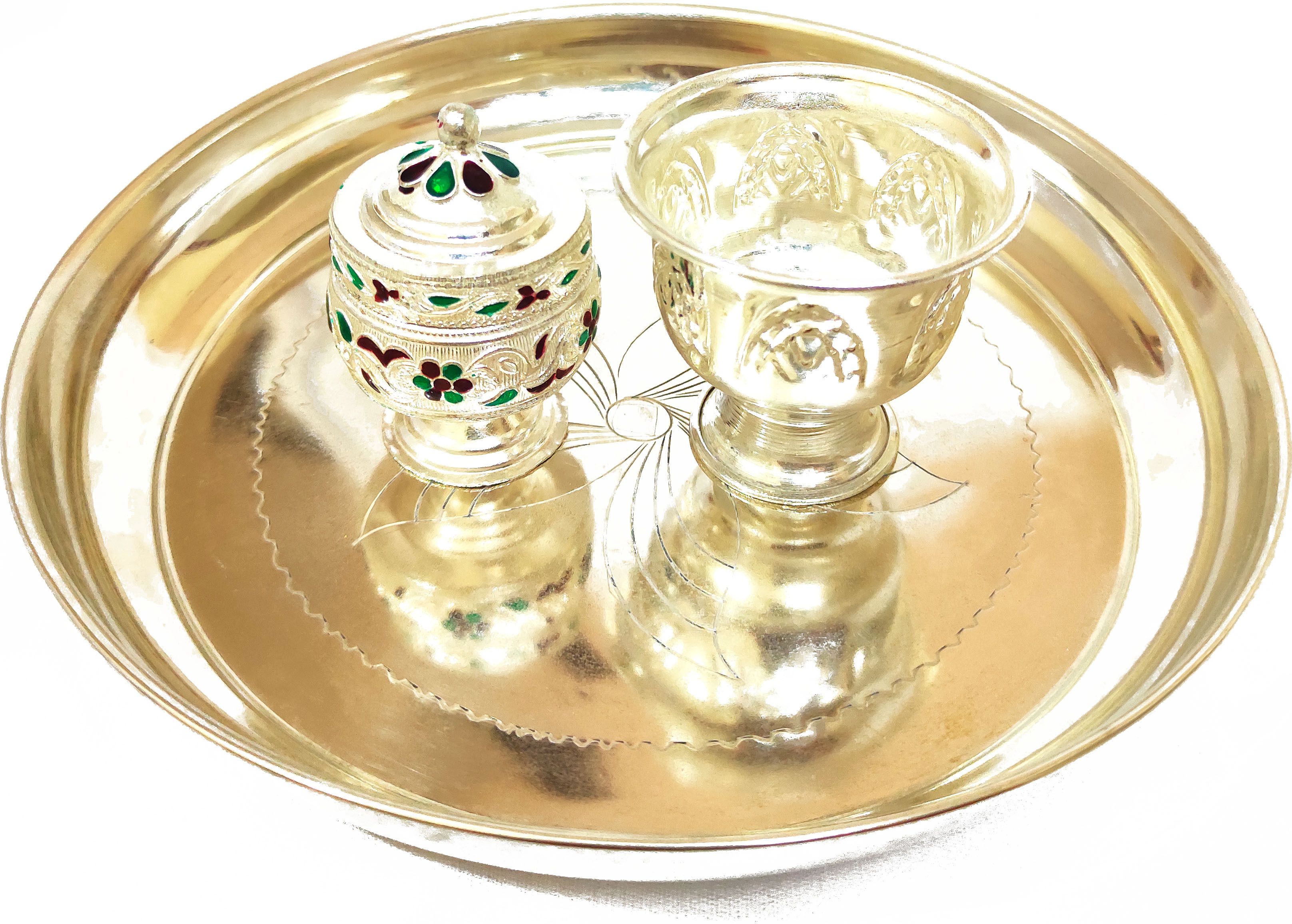 German Silver Handmade Sindoor Box and Chandan Bowl with German Silver Plate Decorative Showpiece-20 cm-image-46