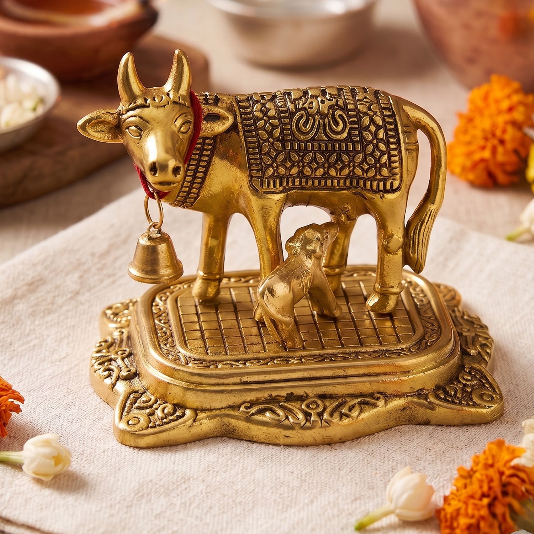 elegant lifestyle Kamdhenu Cow & Calf Statue Religious Vastu Gau Mata Idol Car Office Mandir Home Decorative Showpiece - 6 cm-picture-12