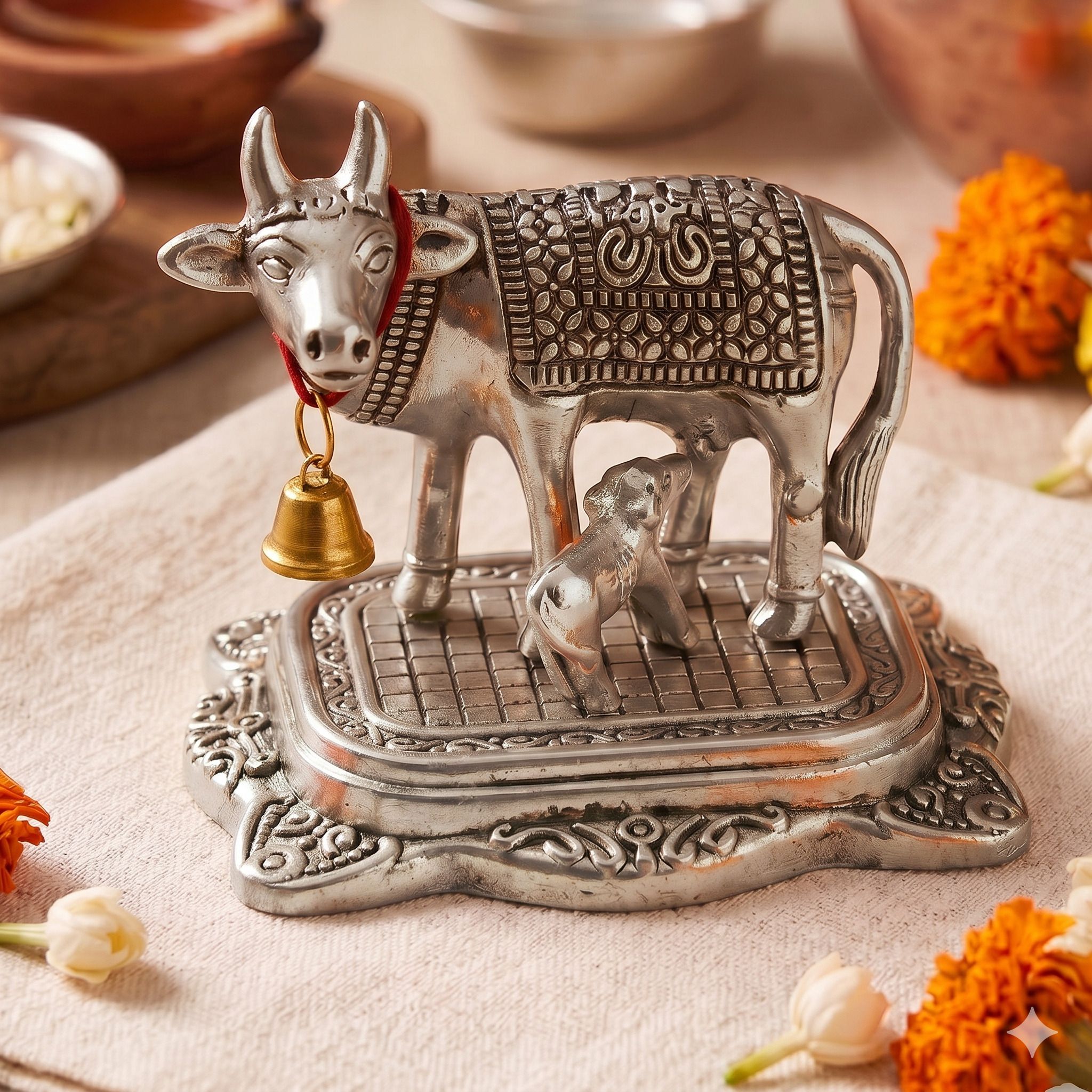elegant lifestyle Kamdhenu Cow & Calf Statue Religious Vastu Gau Mata Idol Car Office Mandir Home Decorative Showpiece - 6 cm-picture-25
