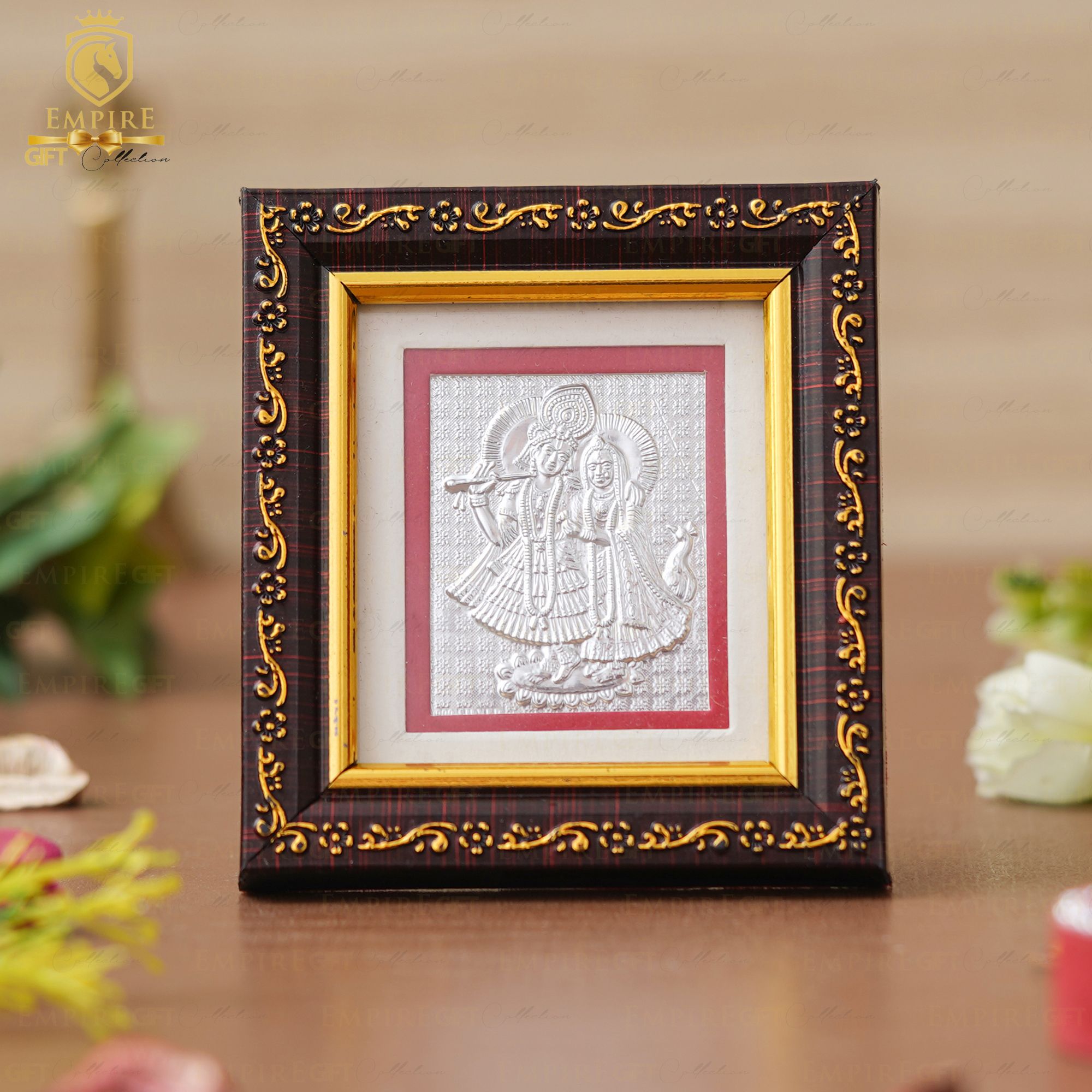 Bhandari 999 Silver Plated Radhe Krishna Mini Wooden Frame for Gift & Home Décor Decorative Showpiece-3.9 cm