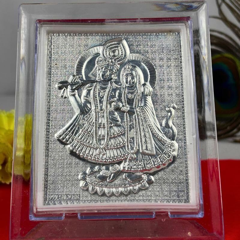 999 Silver Radha Krishna Divine Photo Frame for Home, Gift & Car Dashboard- 80g Decorative Showpiece-11 cm