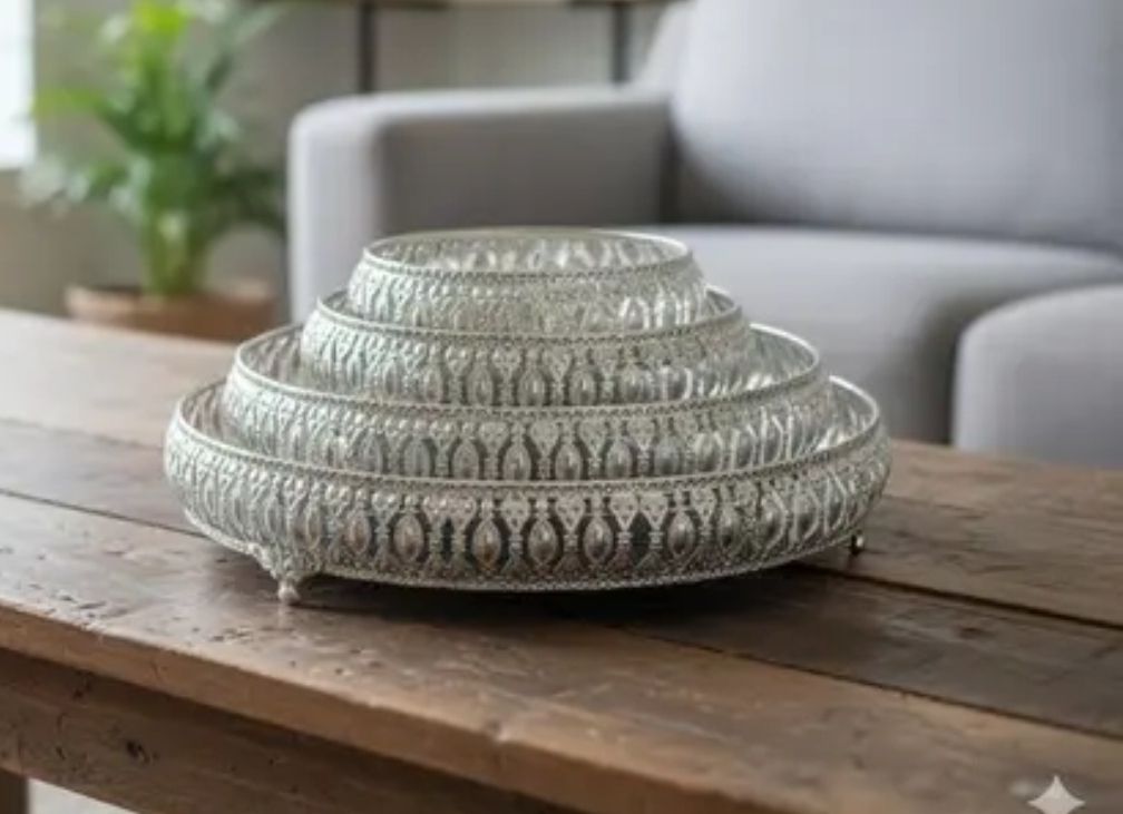 royalhandicraft German Silver Tray Serving Set (Pack of 4) (Silver Plated, Silver) Decorative Showpiece - 6 cm-picture-21