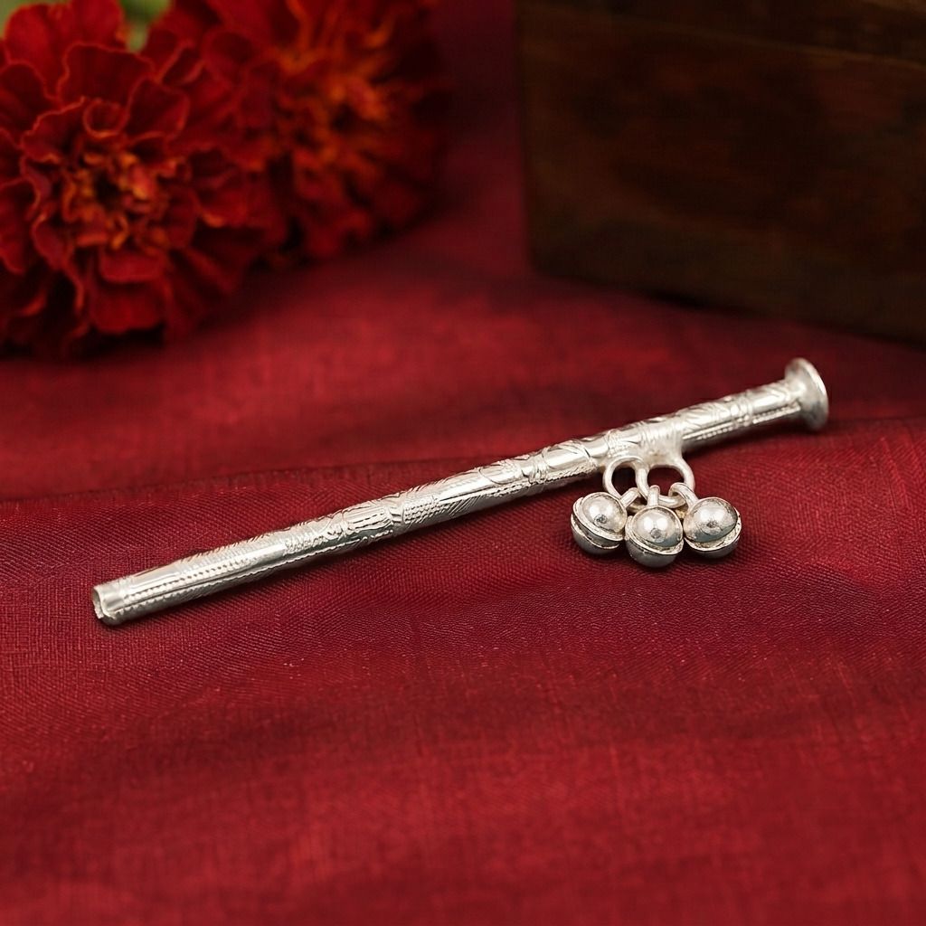 Handmade Silver Krishna Flute Bansuri with Bells,Laddu Gopala Puja Art,10gm Decorative Showpiece - 10 cm-image-11