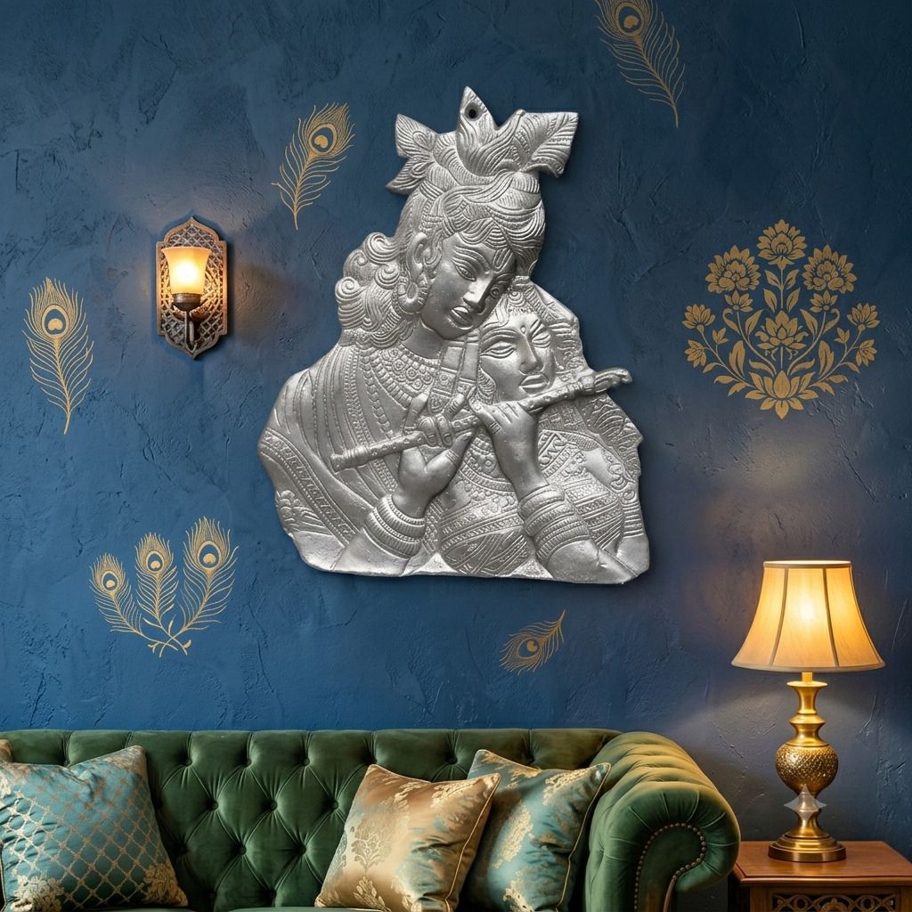 festive decor Radha Krishna murti for wall decor items, home decor pooja room Decorative Showpiece - 24 cm-image-35