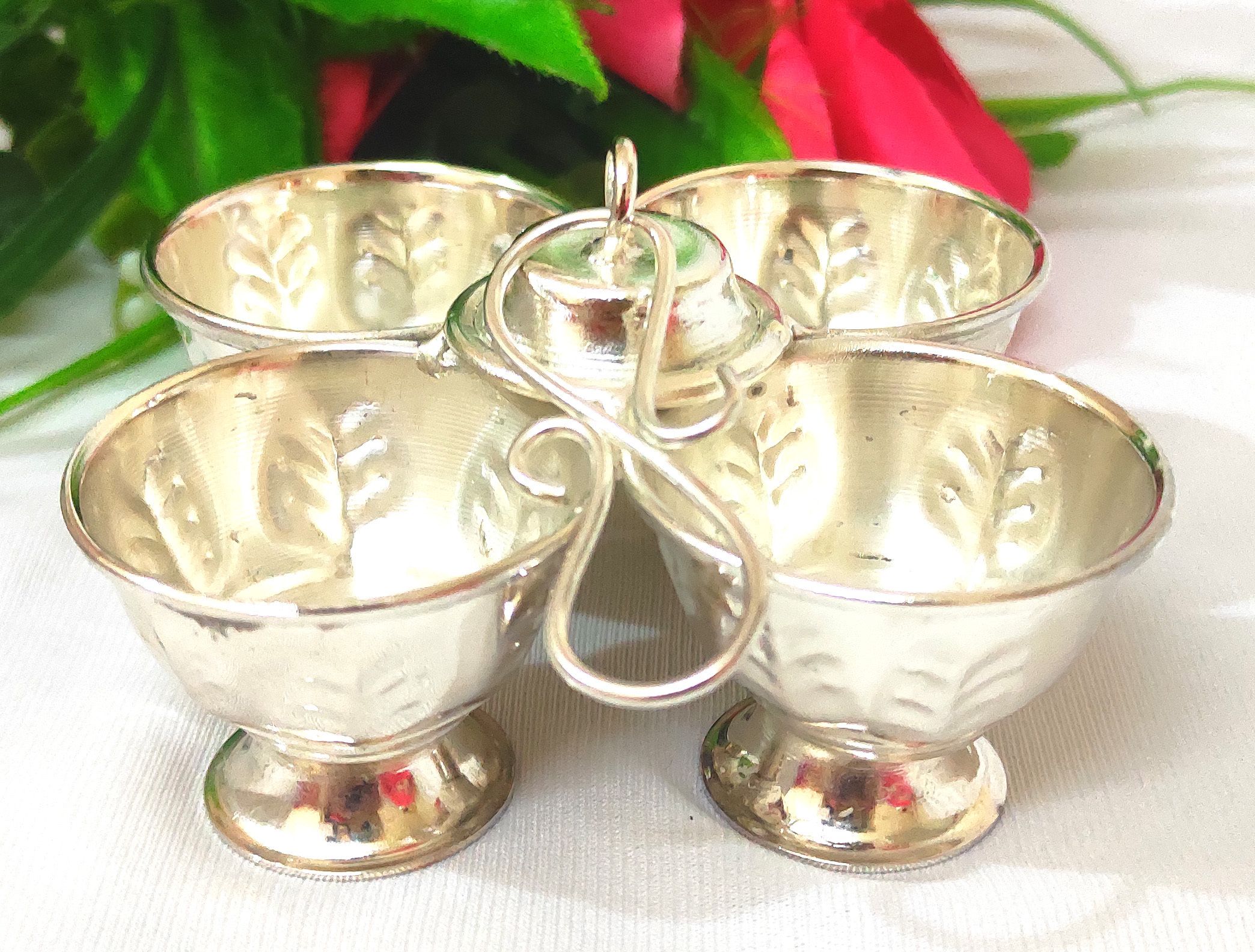 German Silver Handmade Four in One Haldi and kumkum / Chandan Bowl Set Decorative Showpiece-12 cm