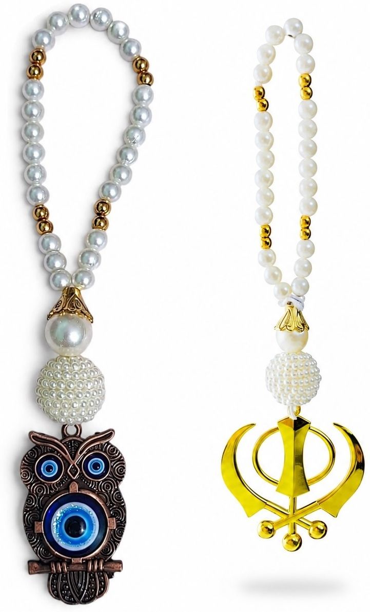 adhvik Combo of Metalic Owl Evil Eye with Golden Sikh khanda Protection Charm Hanging Decorative Showpiece - 20 cm-picture-36